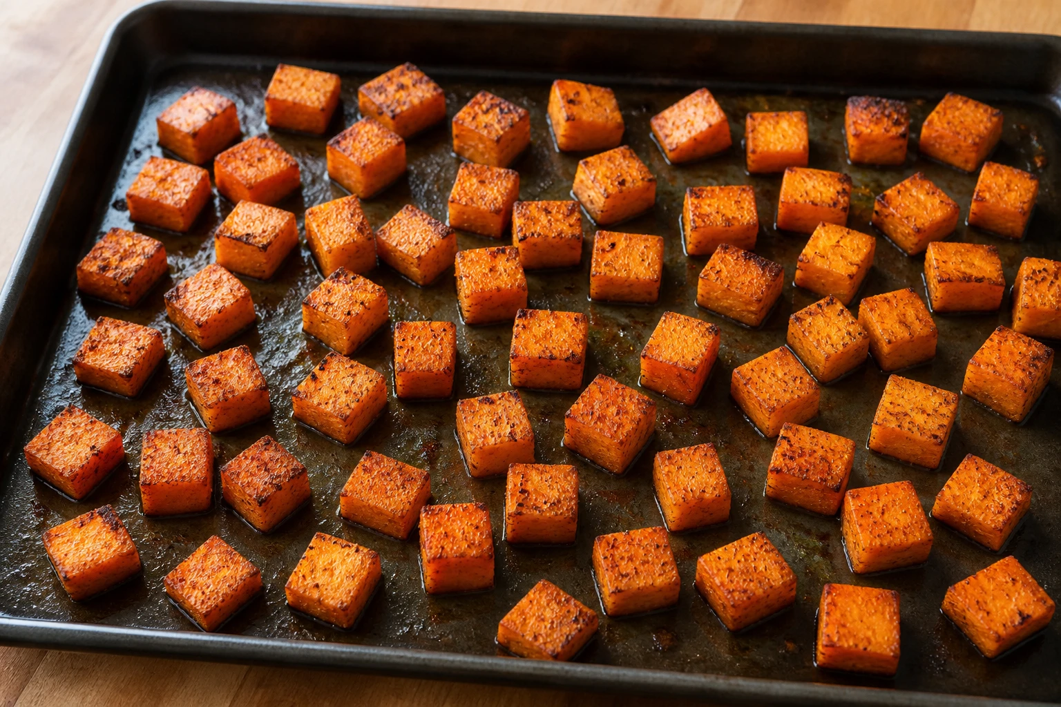 Seasoned sweet potato cubes roast in a single layer on a dark sheet pan.