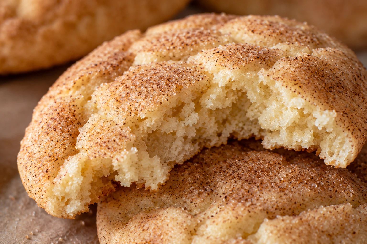 A broken snickerdoodle reveals a tender pale crumb beneath its cinnamon-sugar crust.
