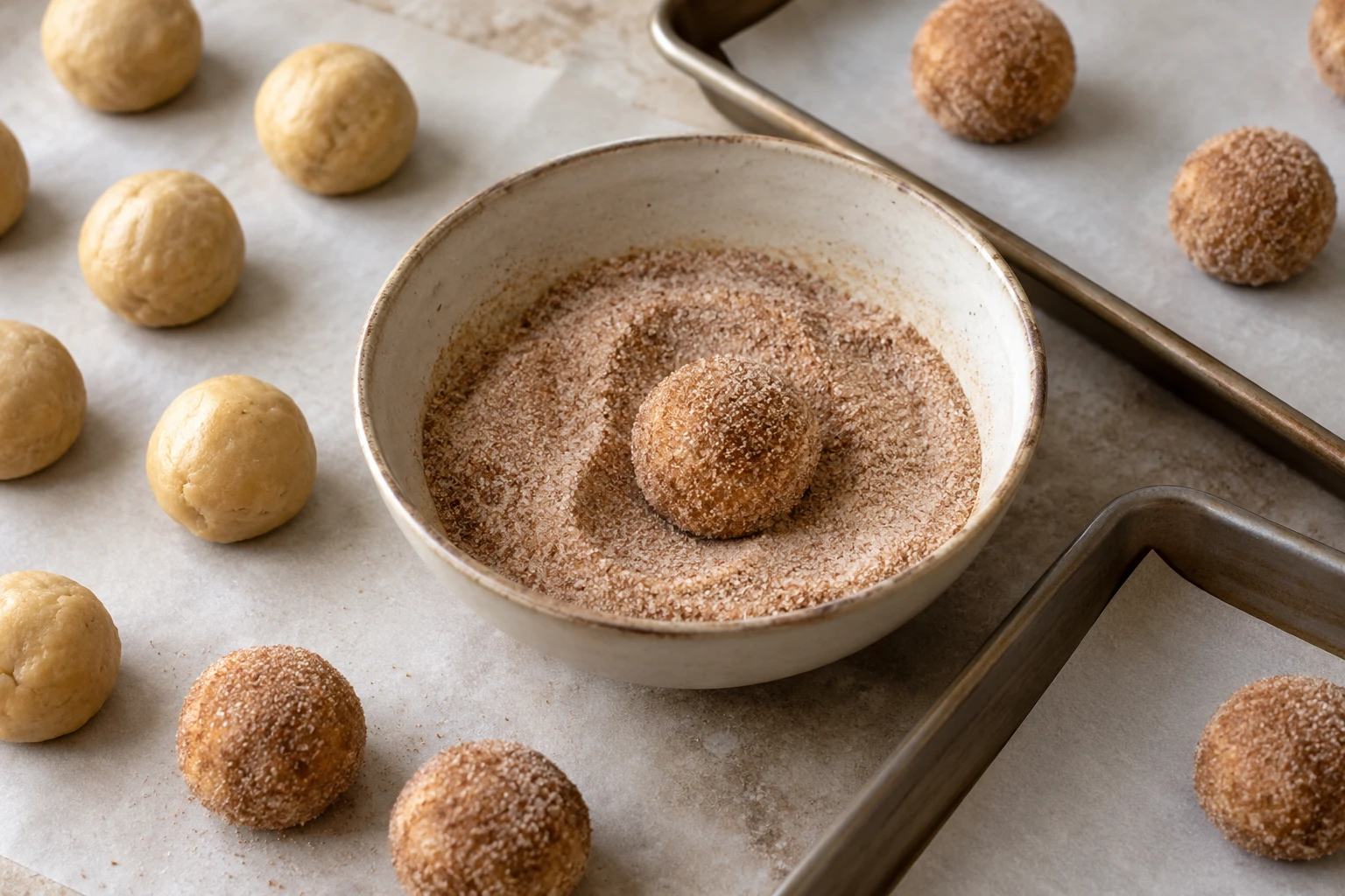 Even dough balls are coated in cinnamon sugar before they are placed on a lined baking sheet.