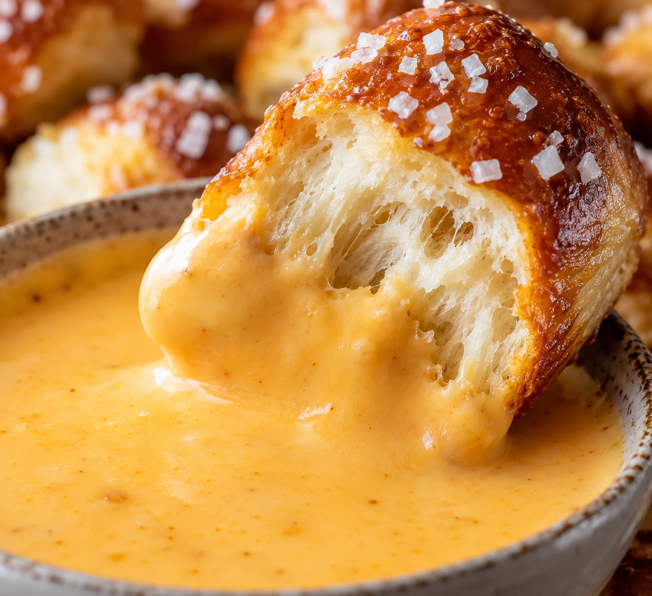 A split golden pretzel bite shows a chewy center beside creamy cheddar beer cheese.