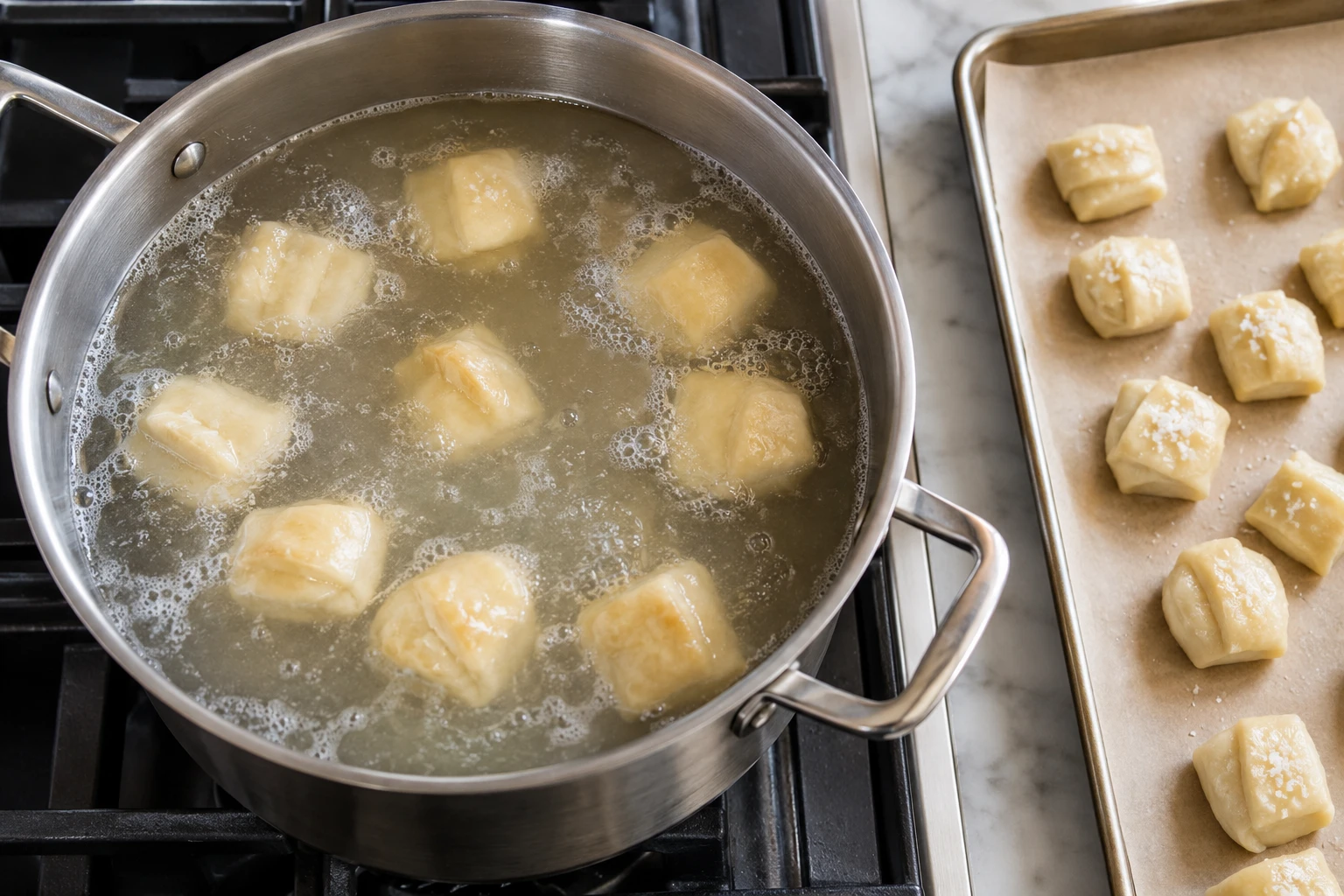Shaped pretzel bites sit in a gentle baking-soda bath before baking.