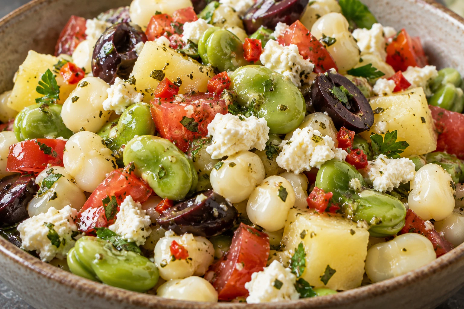 Close detail of queso fresco, choclo kernels, fava beans, olives, and intact potato cubes in dressing.