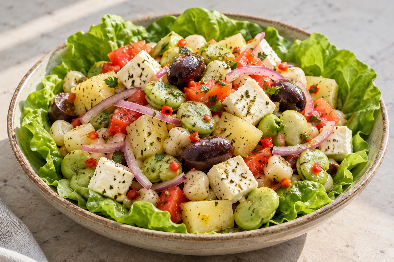 Chunky Solterito Arequipeño with fava beans, choclo, potatoes, queso fresco, olives, and tomato on lettuce.