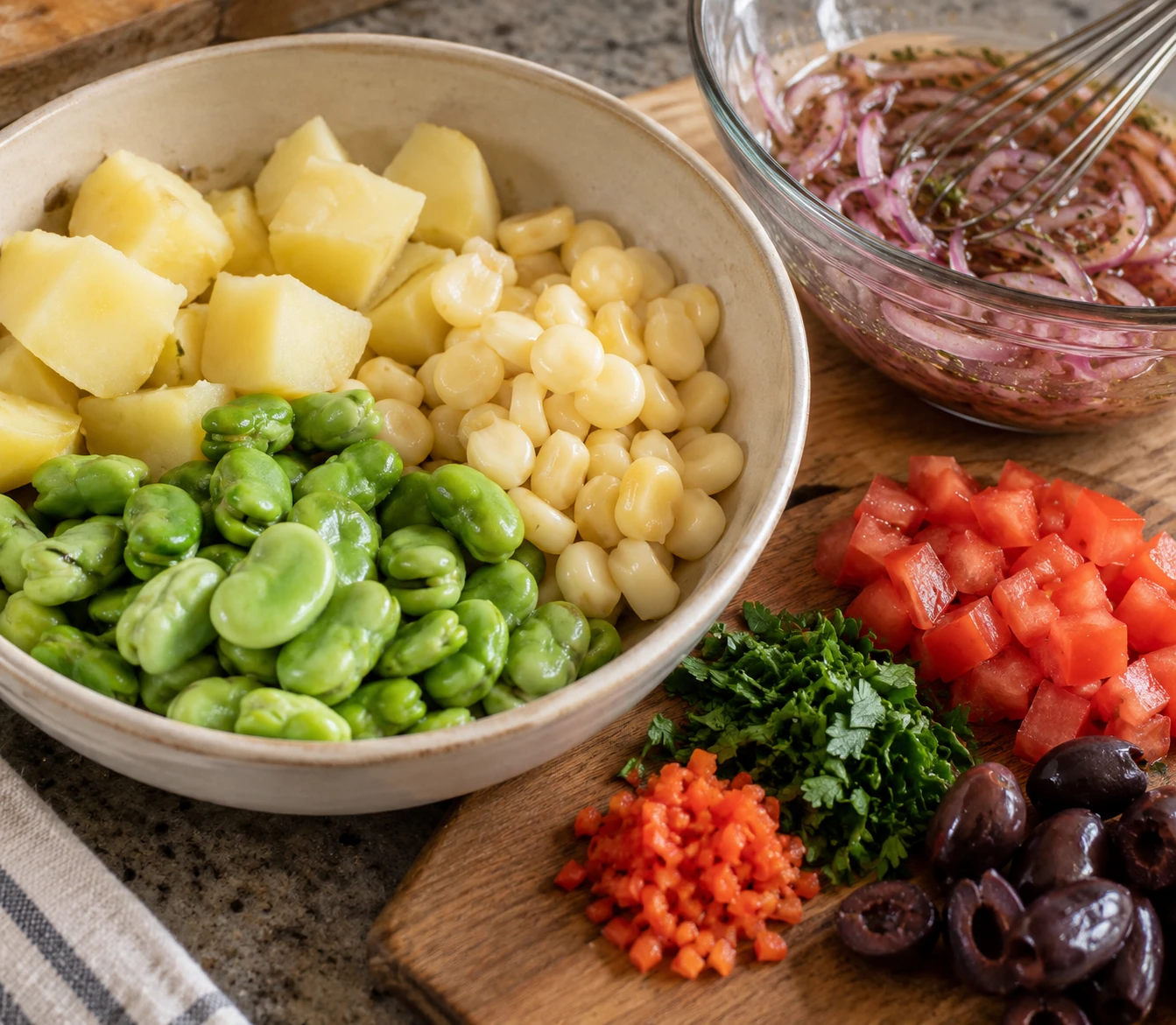 Cooled fava beans, choclo, and potatoes wait beside red onion mellowing in vinegar dressing.