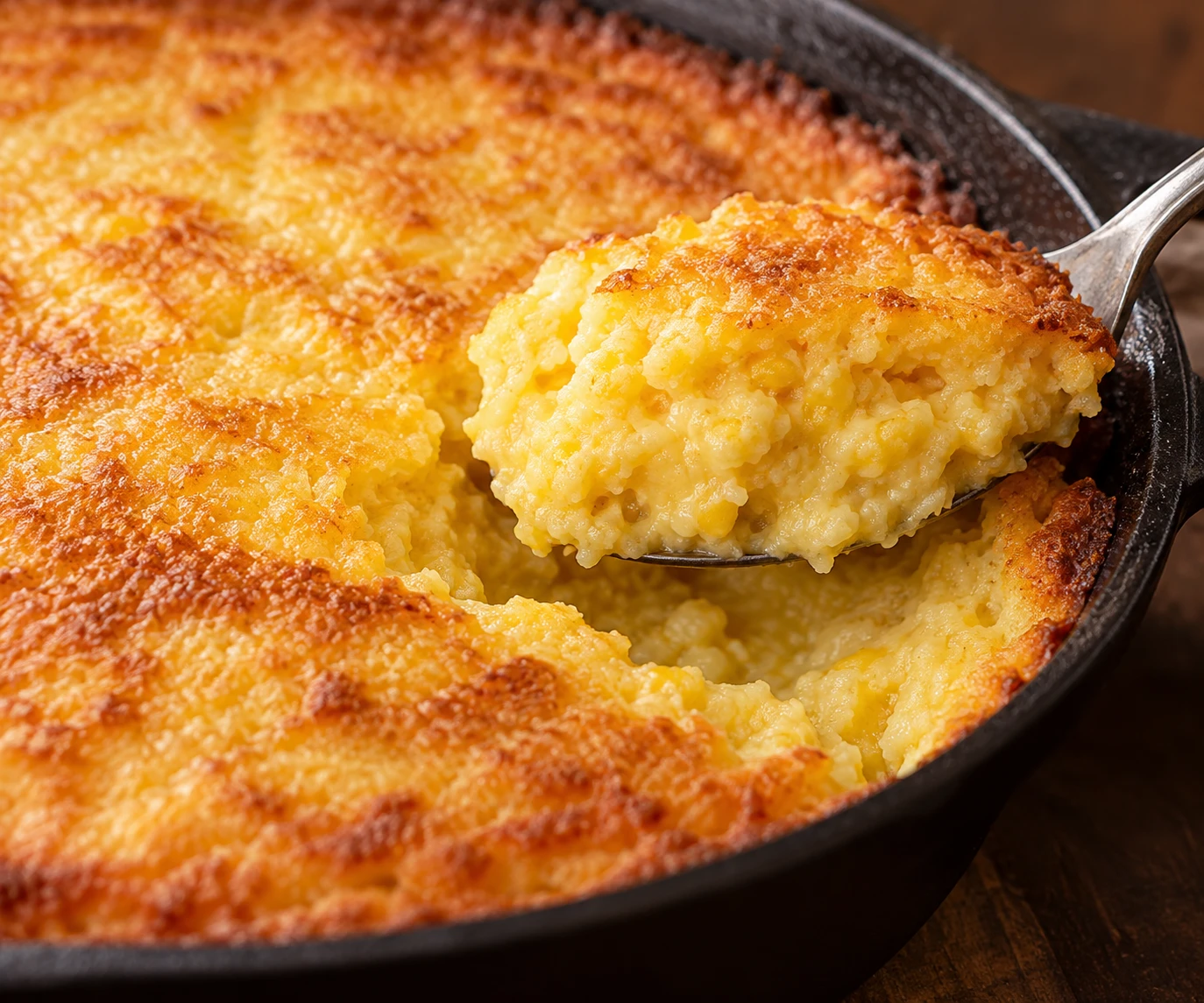 A spoon lifts a moist, fully set spoonbread center beside the lightly crisp golden skillet edge.