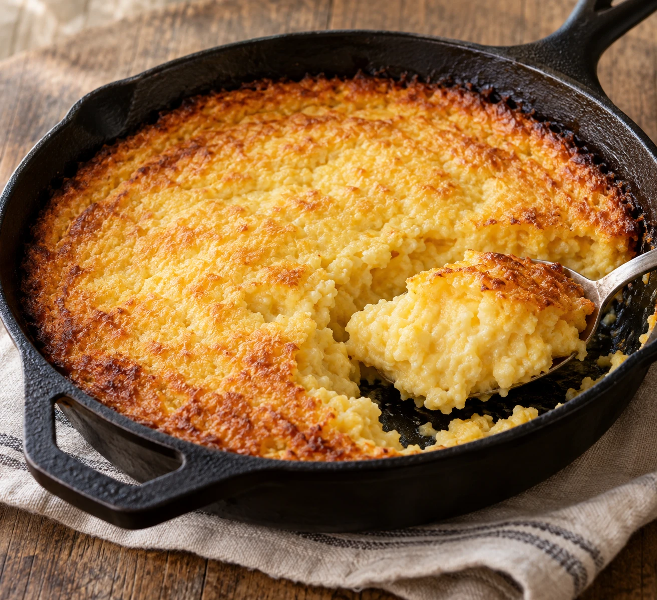 Golden Southern spoonbread in a cast-iron skillet, with one scoop showing its soft set middle and crisp rim.