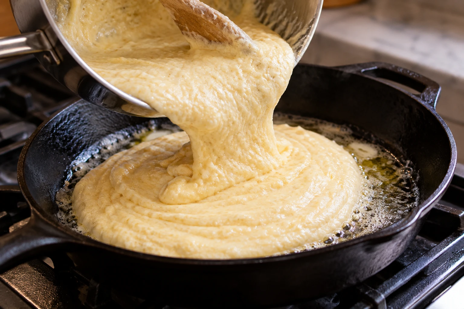 Smooth cornmeal spoonbread batter settles into a hot buttered cast-iron skillet before baking.