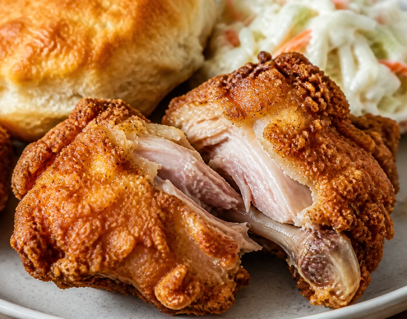 A split fried chicken thigh shows juicy meat beneath a deeply golden, craggy crust.