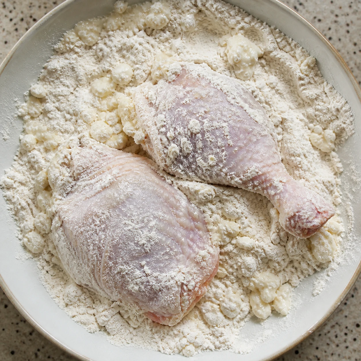 Bone-in chicken pieces sit in a clumpy flour dredge that will create a craggy fried crust.