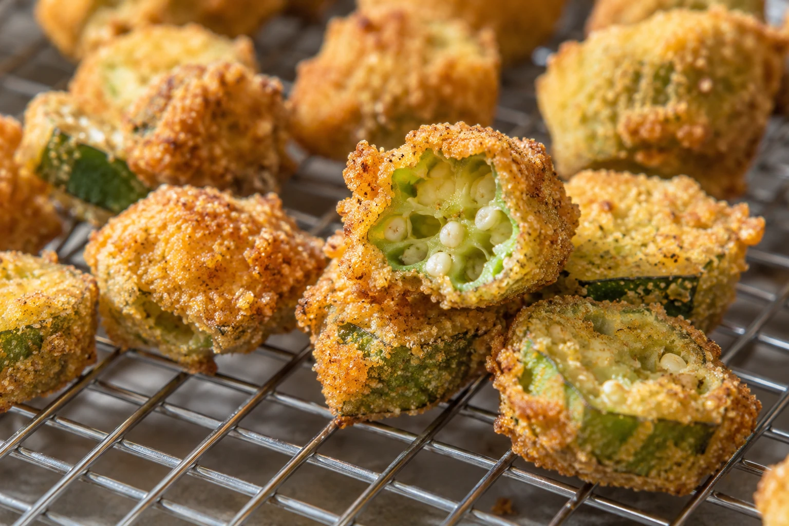 A close view shows the crunchy golden cornmeal ridges and tender green centers of fried okra.