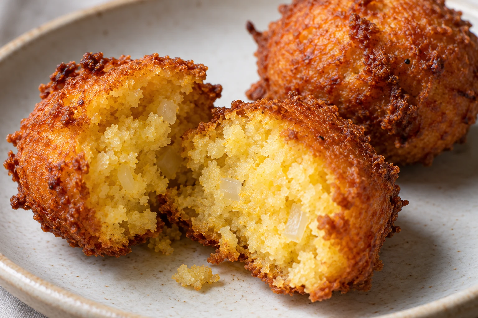 A split hush puppy reveals a tender onion-flecked center beneath its crisp golden shell.