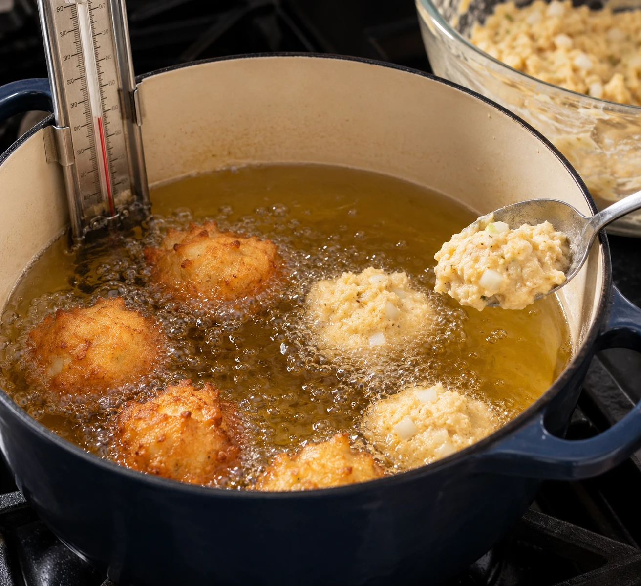 Small spoonfuls of onion cornmeal batter are lowered into hot oil in a heavy Dutch oven.