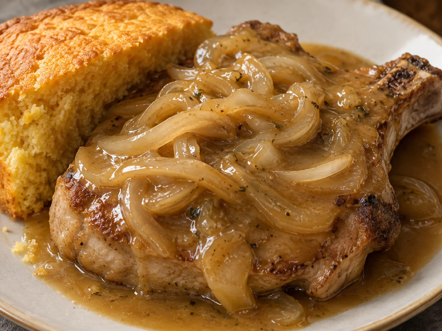 Close view of tender pork under onion gravy with a warm cornbread wedge.