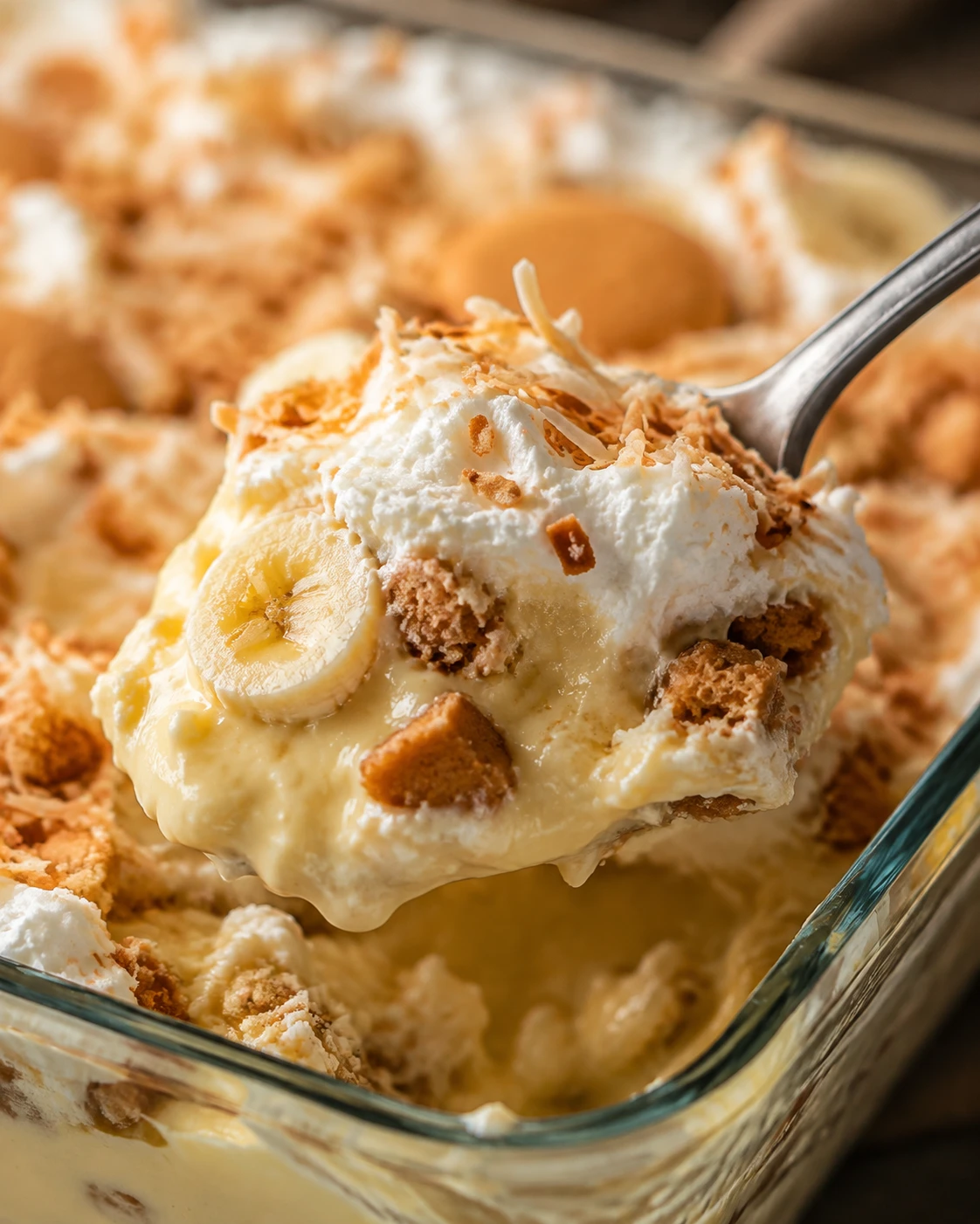 A spoonful shows glossy vanilla pudding, banana slices, tender vanilla wafers, whipped cream, and toasted coconut.