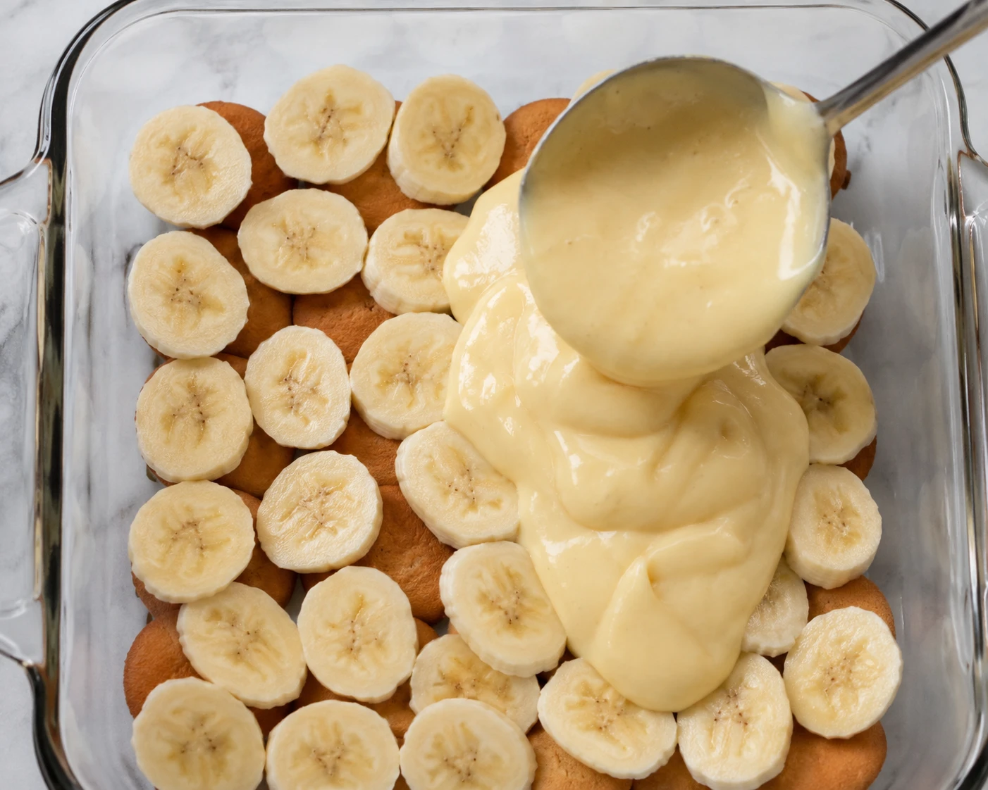 Warm vanilla pudding is spooned over banana slices and vanilla wafers in a glass serving dish.