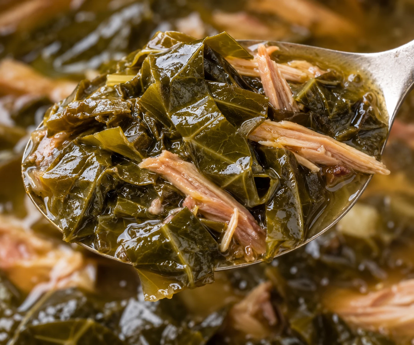 A spoonful shows intact tender collard ribbons coated with smoky broth and bits of turkey.