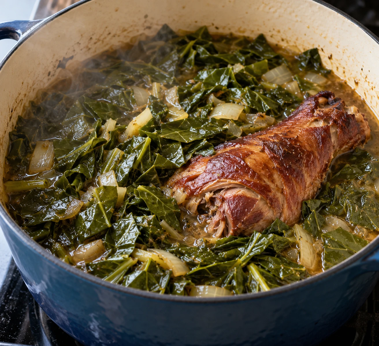 Collard ribbons wilt into broth around a smoked turkey leg in a Dutch oven.