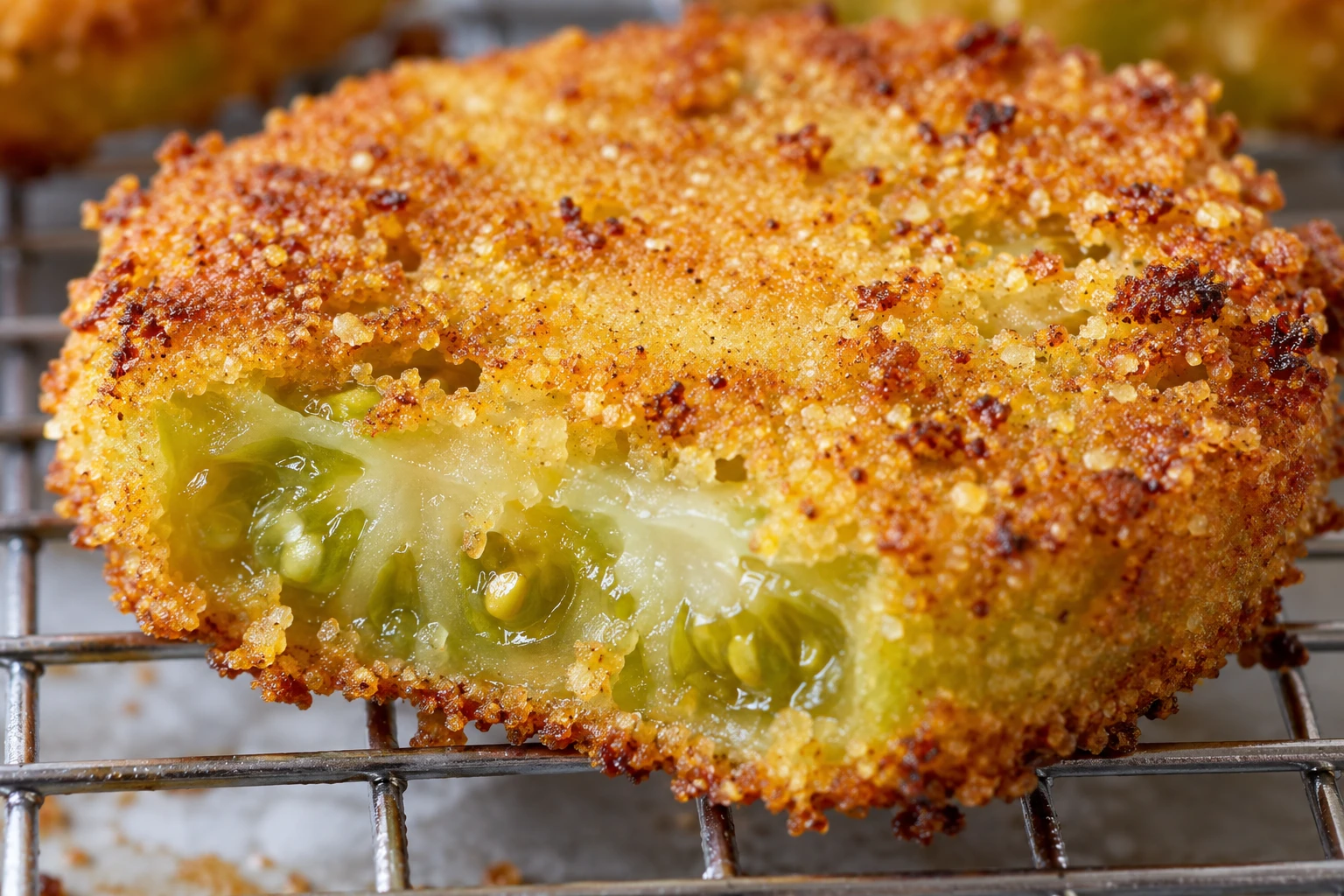 A fried green tomato slice shows its crisp golden cornmeal crust and tender center.