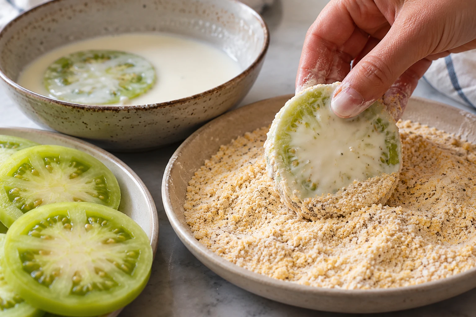 A hand coats a buttermilk-dipped green tomato round in seasoned flour and cornmeal.