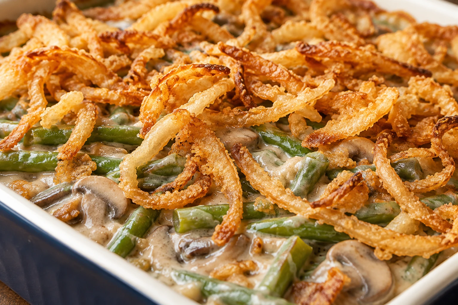 Golden crisp onion rings rest over bubbling mushroom sauce with bright green beans.