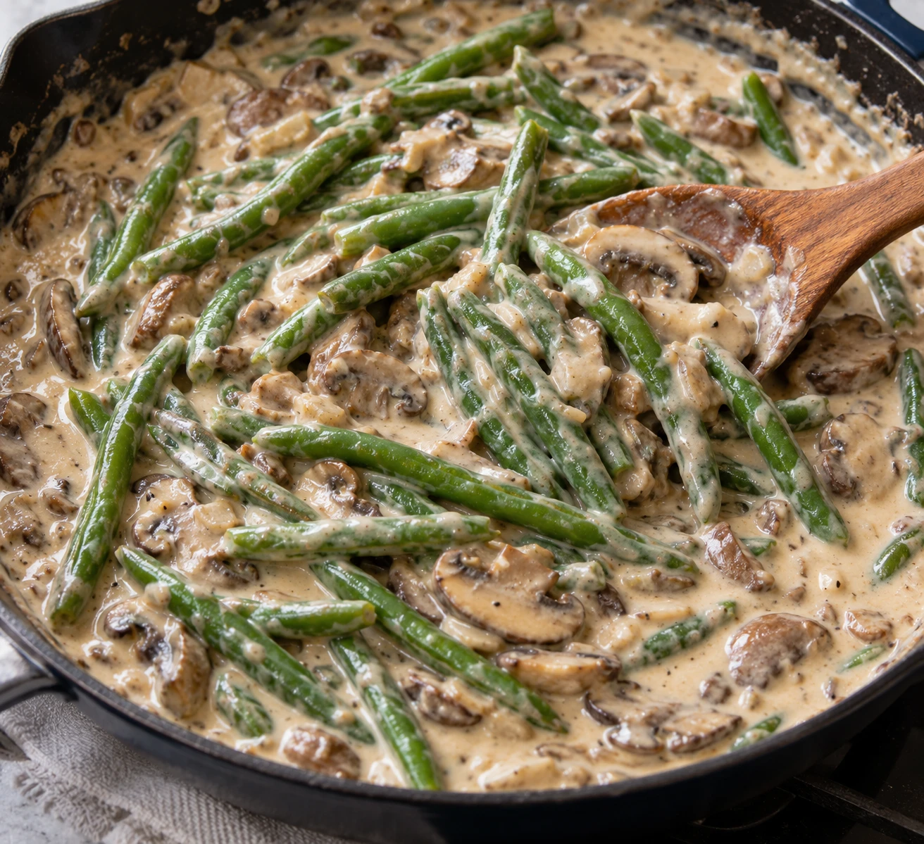 Blanched green beans are folded through a thick mushroom cream sauce before baking.