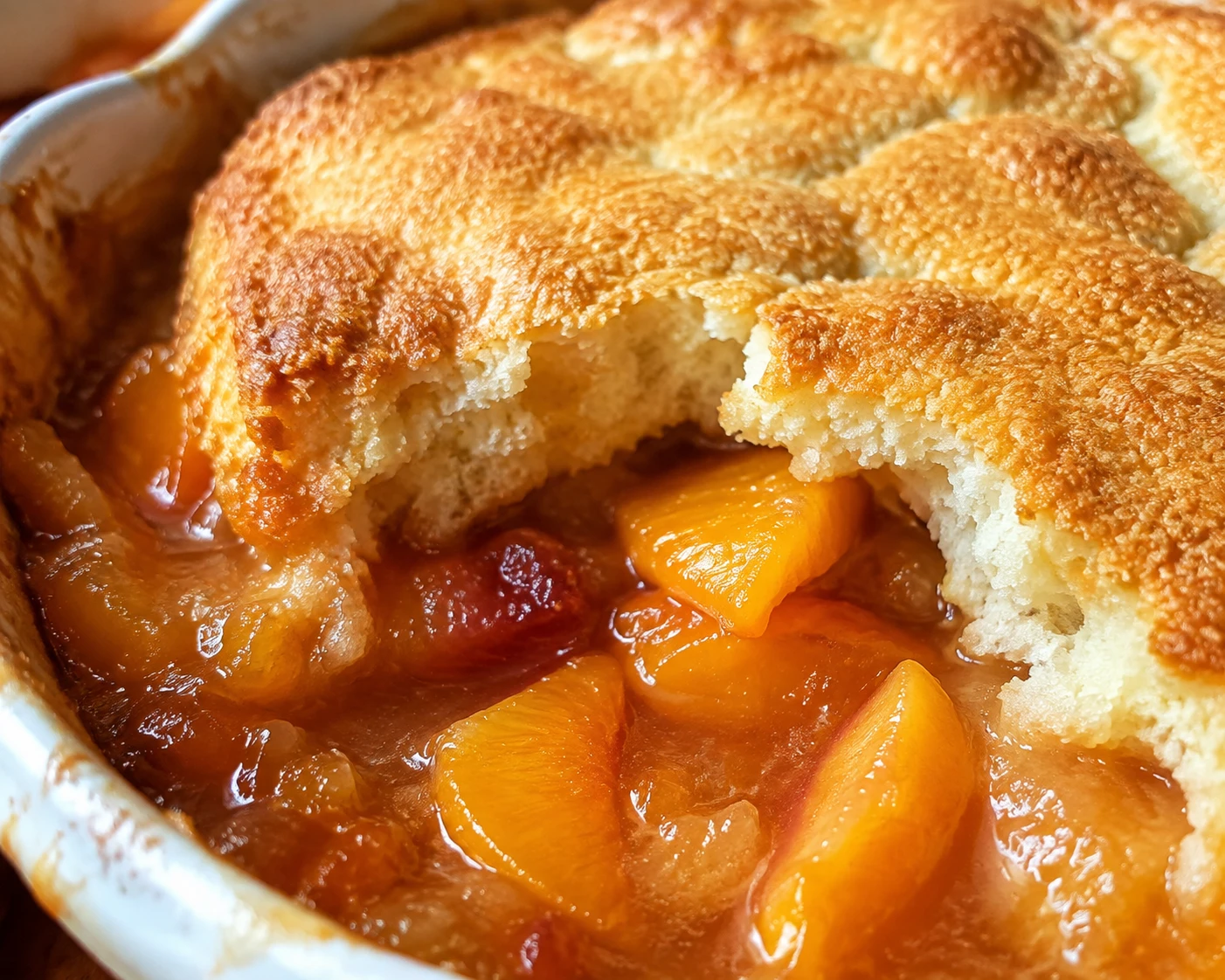 A crisp golden biscuit edge reveals its soft center above thick, glossy peach filling.