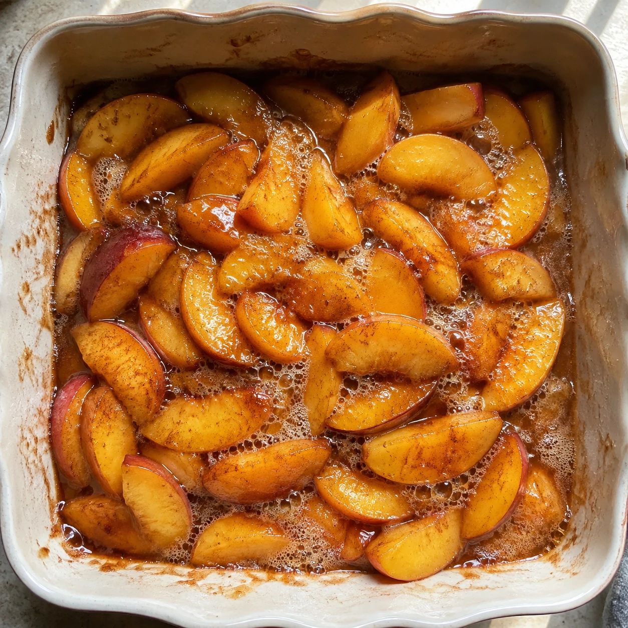 Glossy sliced peaches bubble in a cream baking dish before the biscuit topping is added.