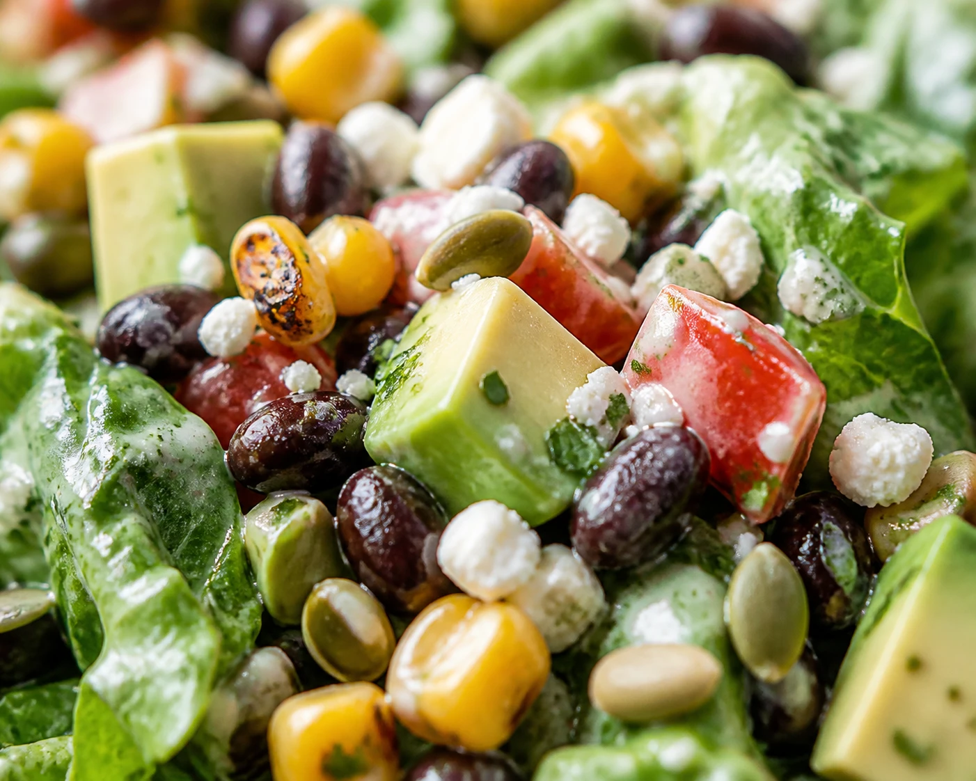 A close salad bite shows charred corn, black beans, tomato, avocado, cotija, pepita, and cilantro dressing.