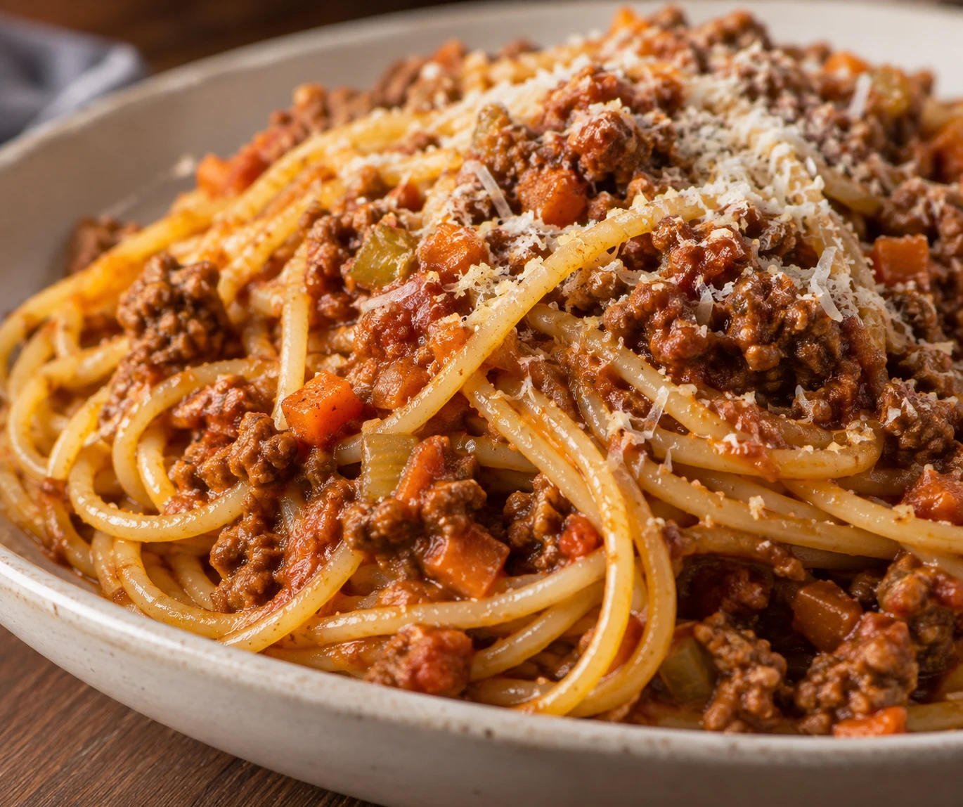 Glossy spaghetti coated in beef ragù shows finely diced vegetables and grated Parmesan.