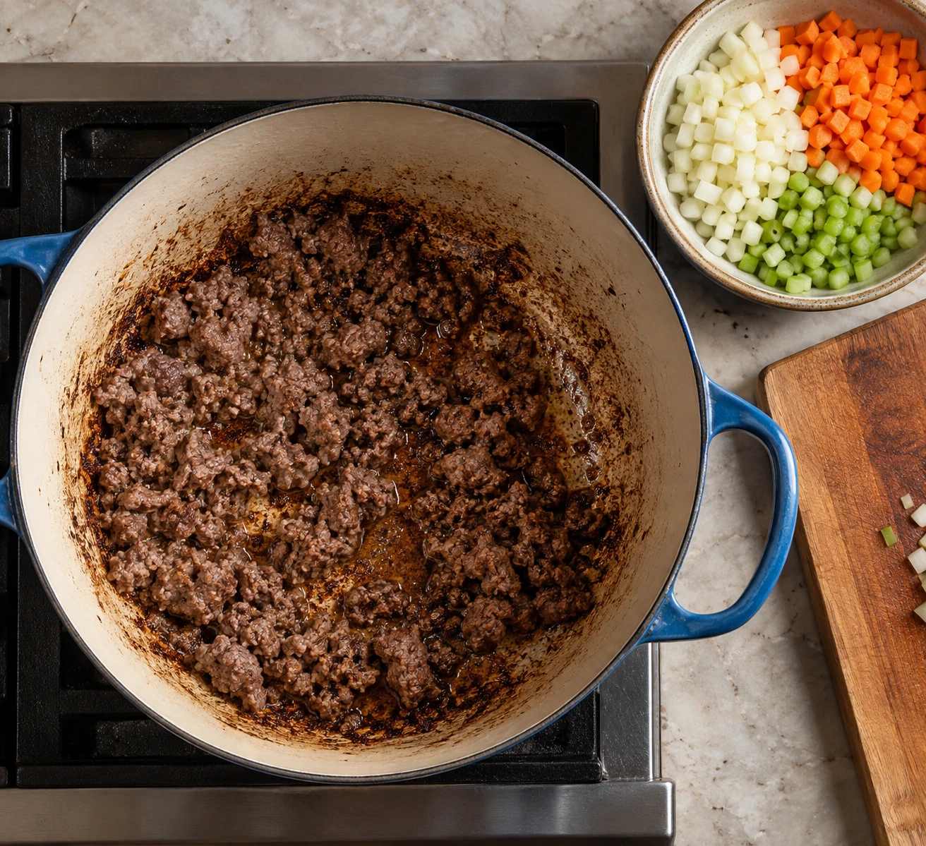 Ground beef browns in a wide Dutch oven with caramelized bits visible on the pot bottom.