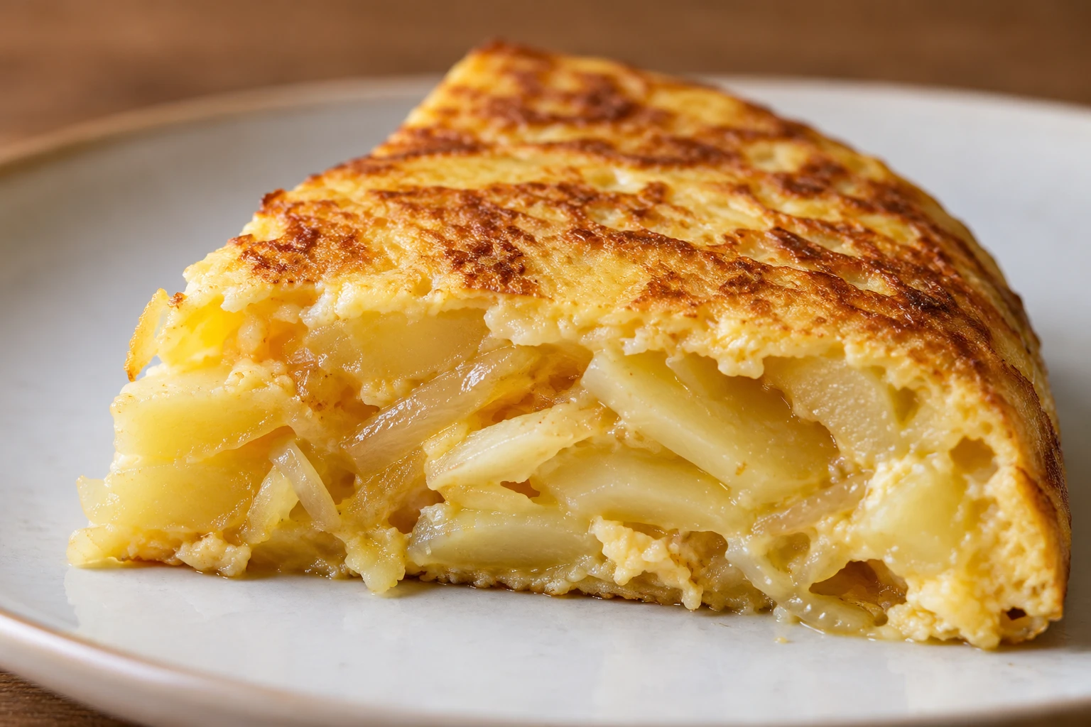 A cut tortilla wedge reveals moist layers of potato and onion bound by softly set egg.