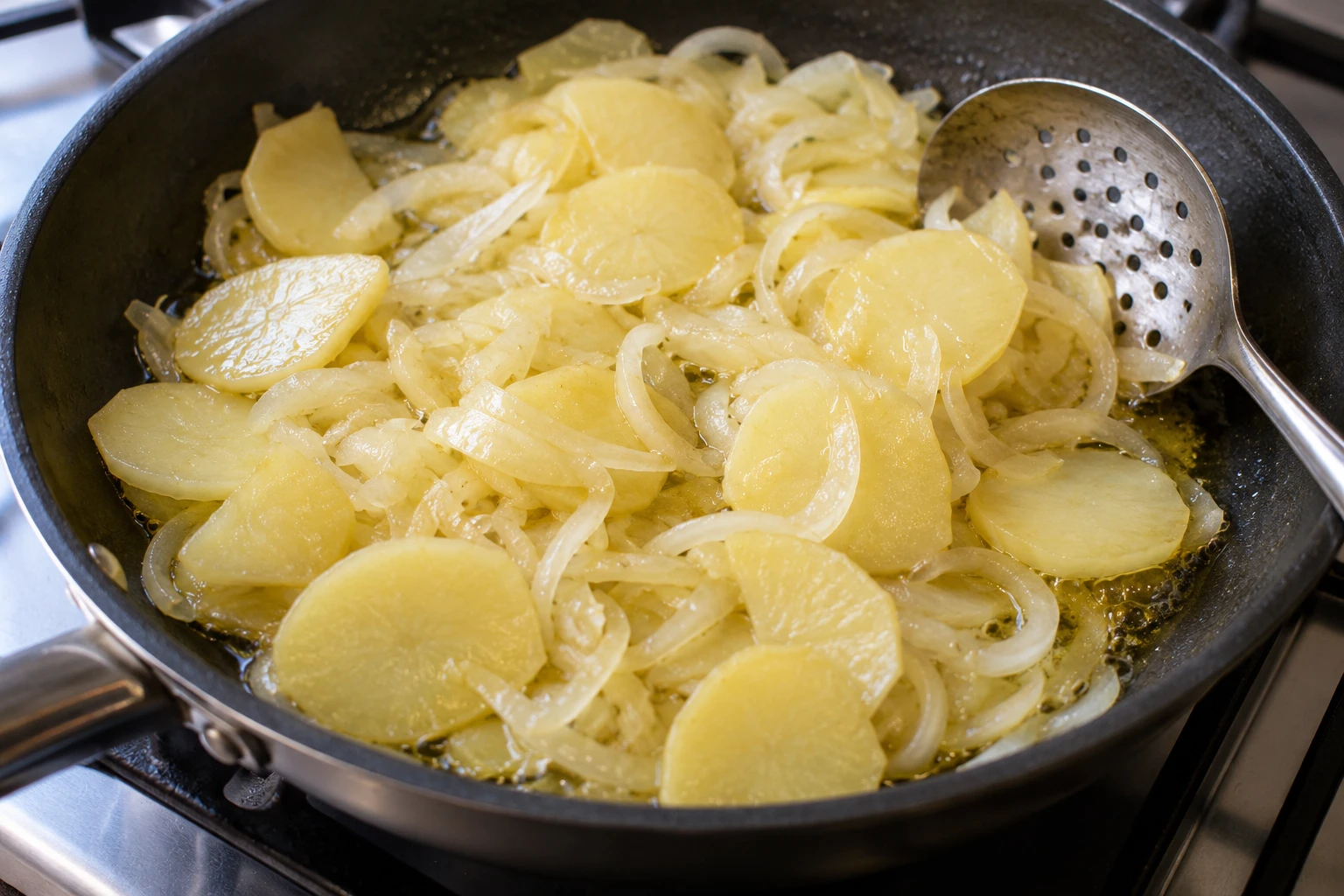 Thin potato and onion slices soften gently in olive oil in a nonstick skillet.