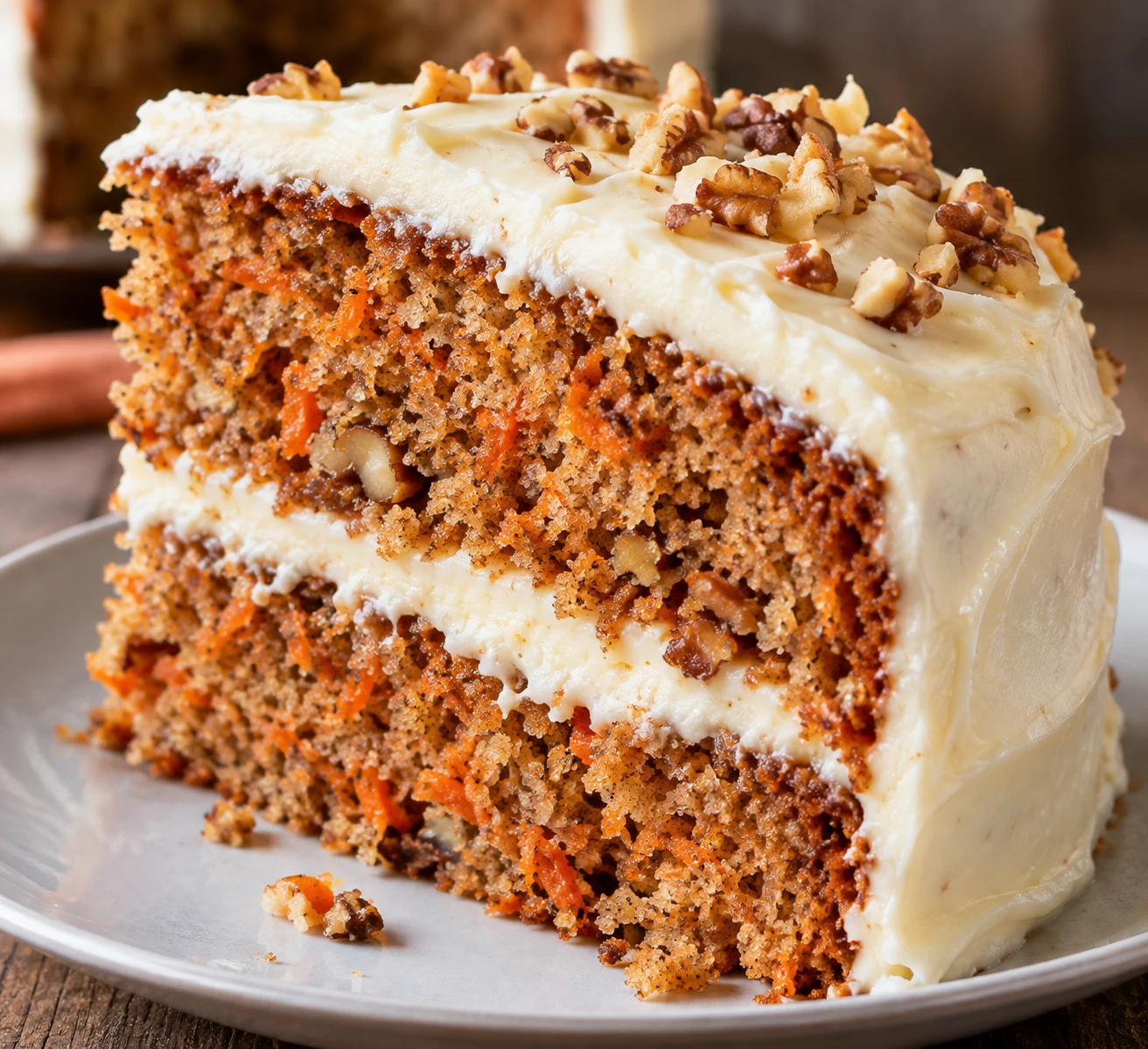 A close carrot cake slice shows tender carrot-flecked crumb, toasted nuts, and thick cream cheese frosting.