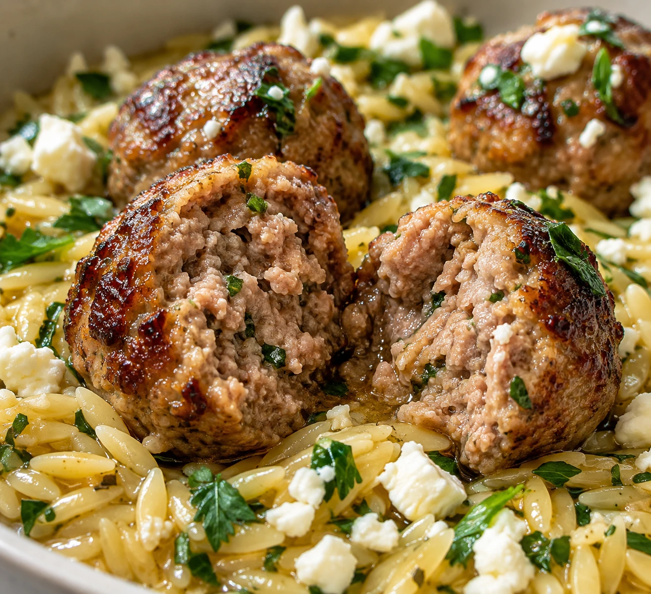 A cut meatball reveals its tender interior above glossy orzo, feta, and a light coating of skillet stock.