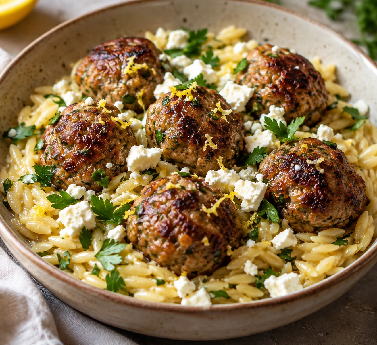 Browned beef meatballs sit over glossy lemon-parsley orzo with crumbled feta and green parsley flecks.
