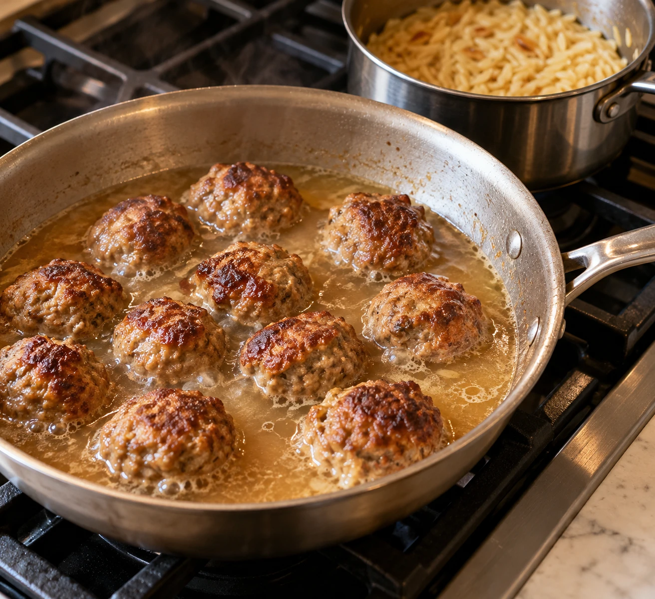 Browned beef meatballs finish cooking in shallow chicken stock in a skillet beside a saucepan of orzo.