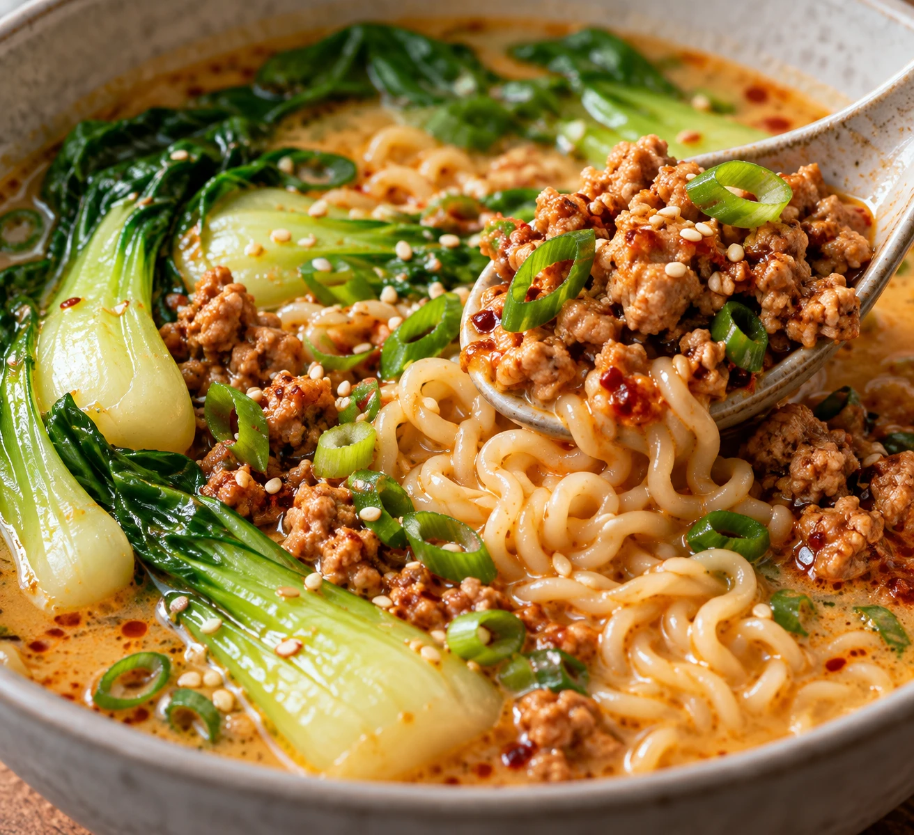 A close view shows springy ramen, crisp bok choy, browned turkey, and sesame toppings.