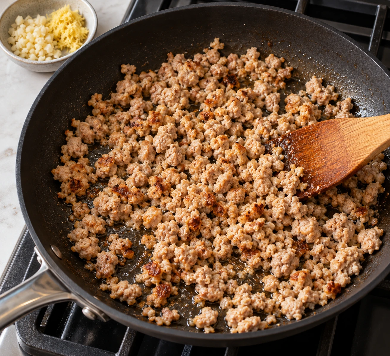 Ground turkey browns in a skillet before aromatics and chili oil are stirred in.