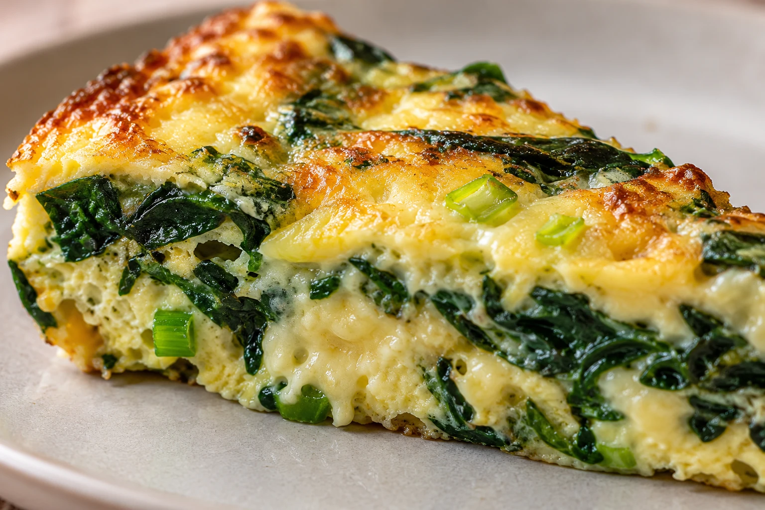 A close slice reveals soft egg, wilted spinach, melted Gruyère, and scallion flecks.