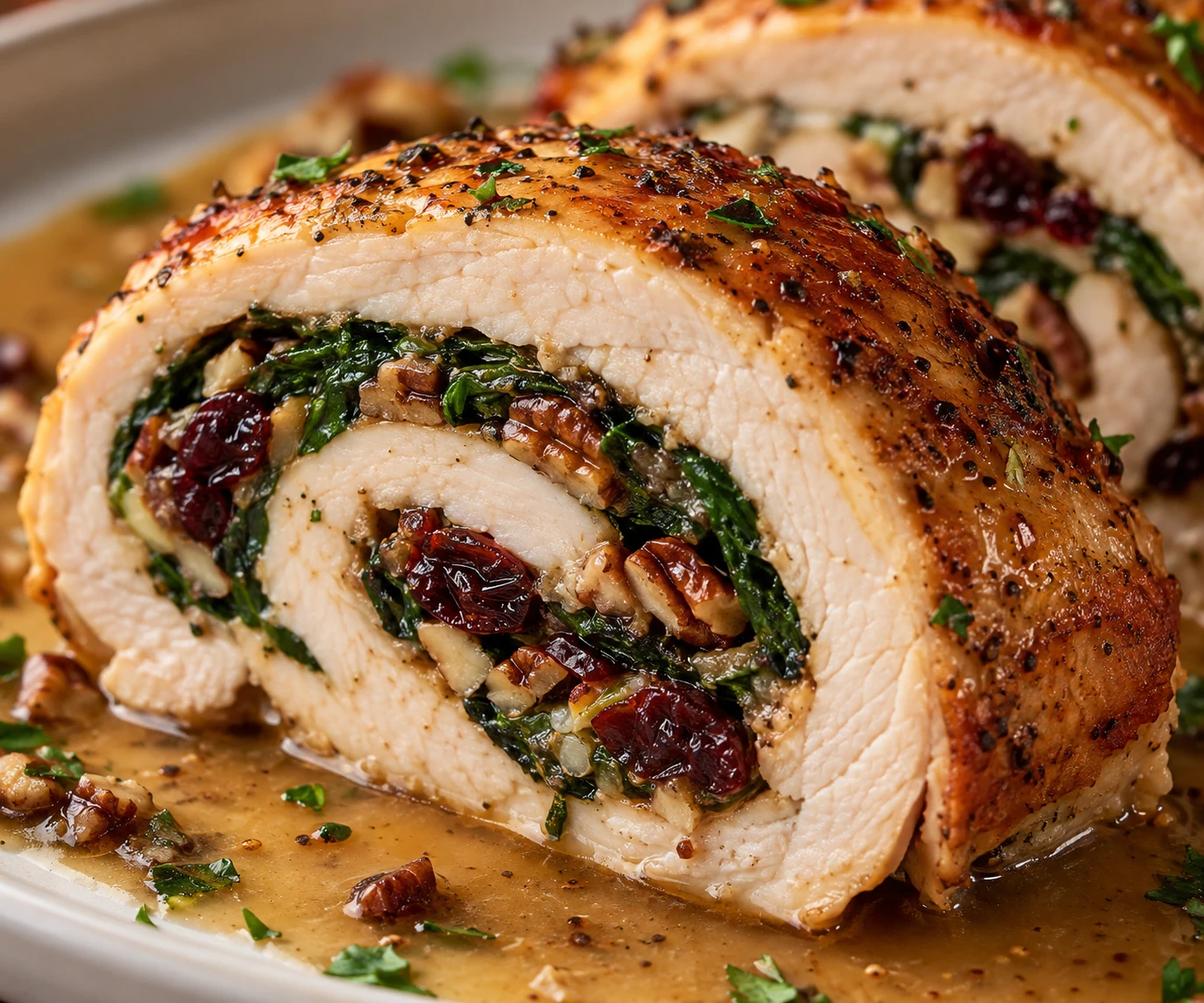 A close slice reveals spinach, cherry, and pecan filling inside browned turkey with gravy.