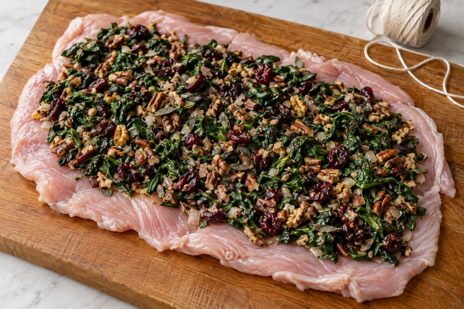 Cooled spinach and cherry filling is spread over butterflied turkey beside kitchen twine.