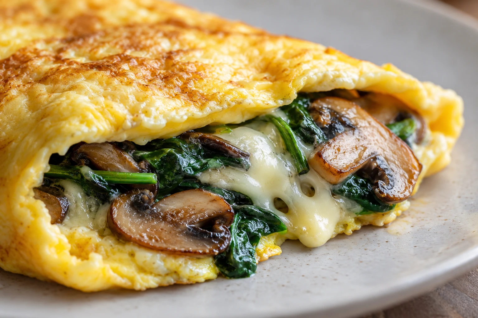 Tender egg and melted Swiss surround distinct browned mushrooms and bright wilted spinach.