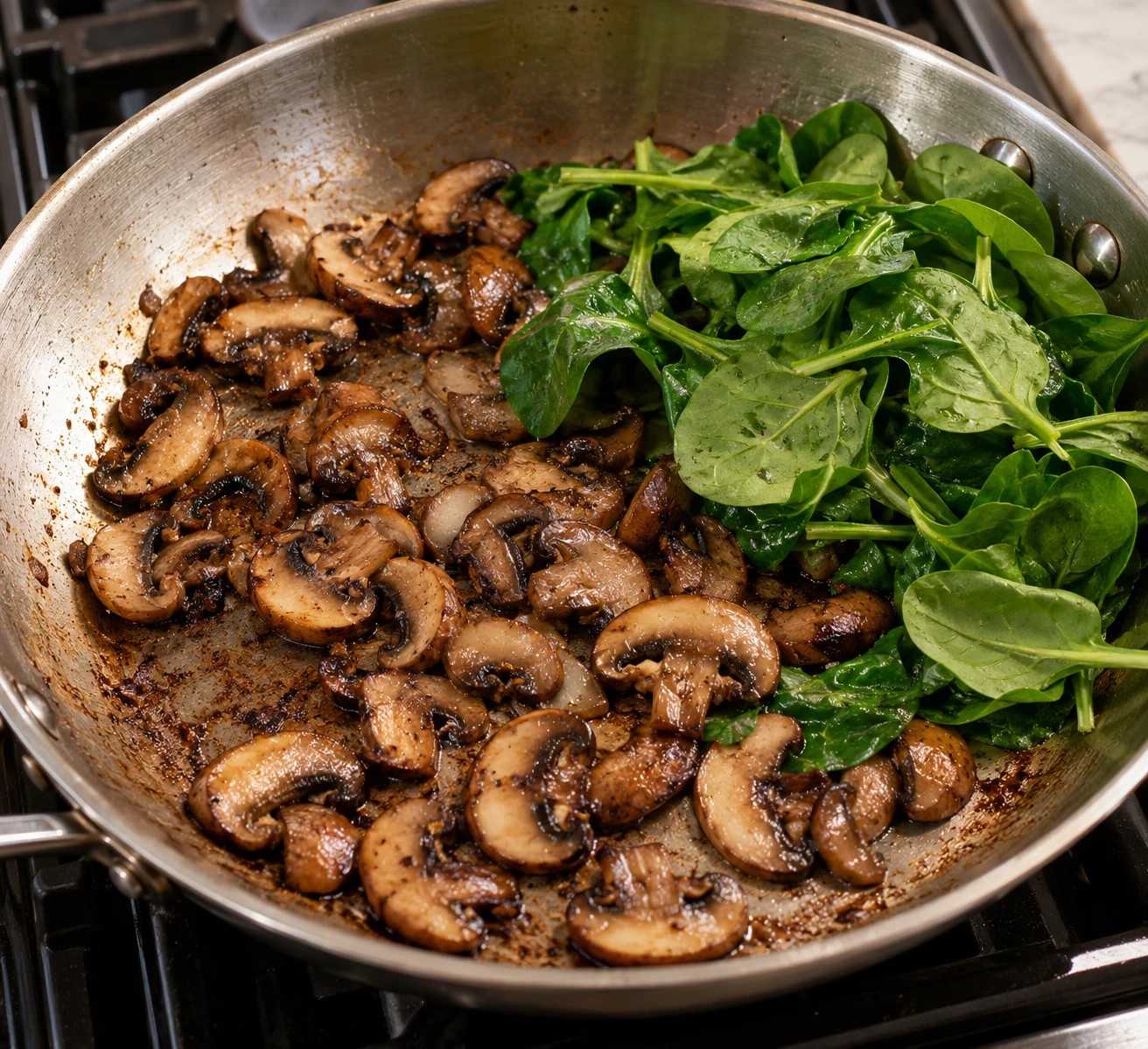 Cremini mushrooms brown in a skillet as fresh spinach is added for a brief wilt.