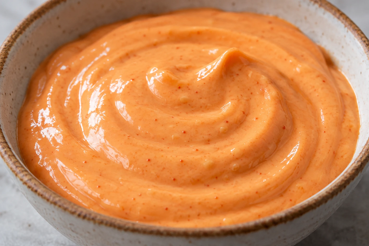 Chilled sriracha mayonnaise has a creamy, even coral surface with a few fine garlic specks.
