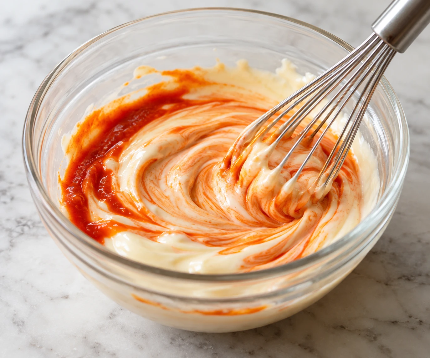 Sriracha is being stirred into mayonnaise in a small bowl until the color turns coral.