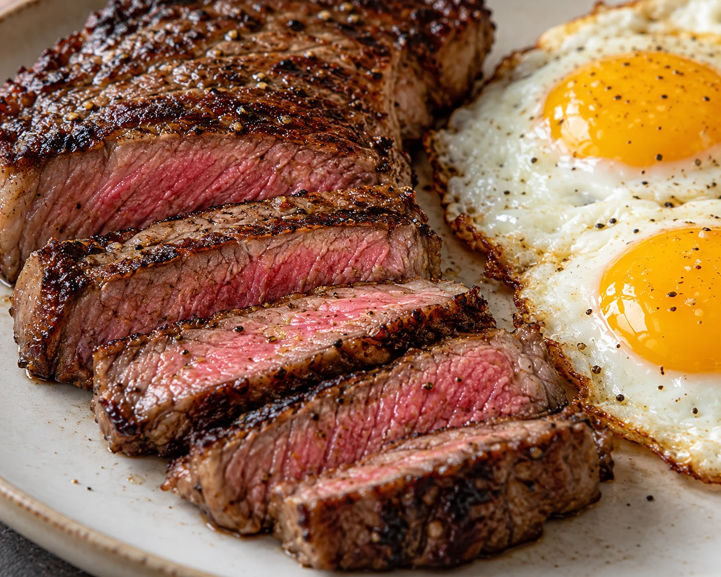 A close view shows the browned steak crust, rosy center, and opaque egg whites beside glossy yolks.