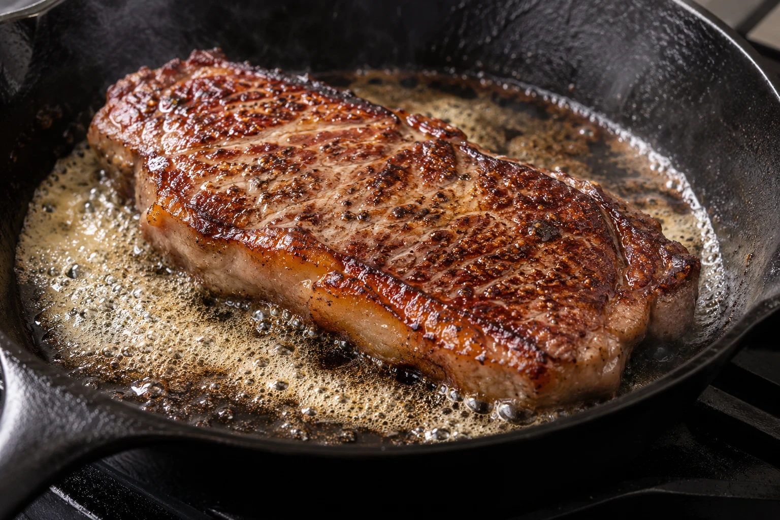 A seasoned sirloin steak develops a dark crust in a hot cast-iron skillet.