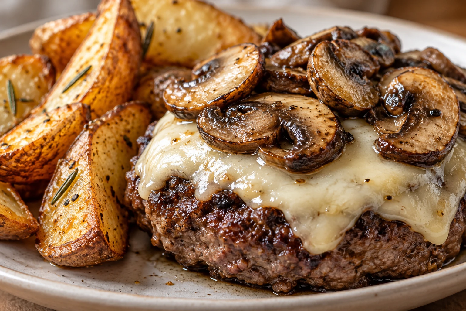 Melted Swiss drapes a seared beef patty beneath browned mushrooms beside rosemary-flecked wedges.