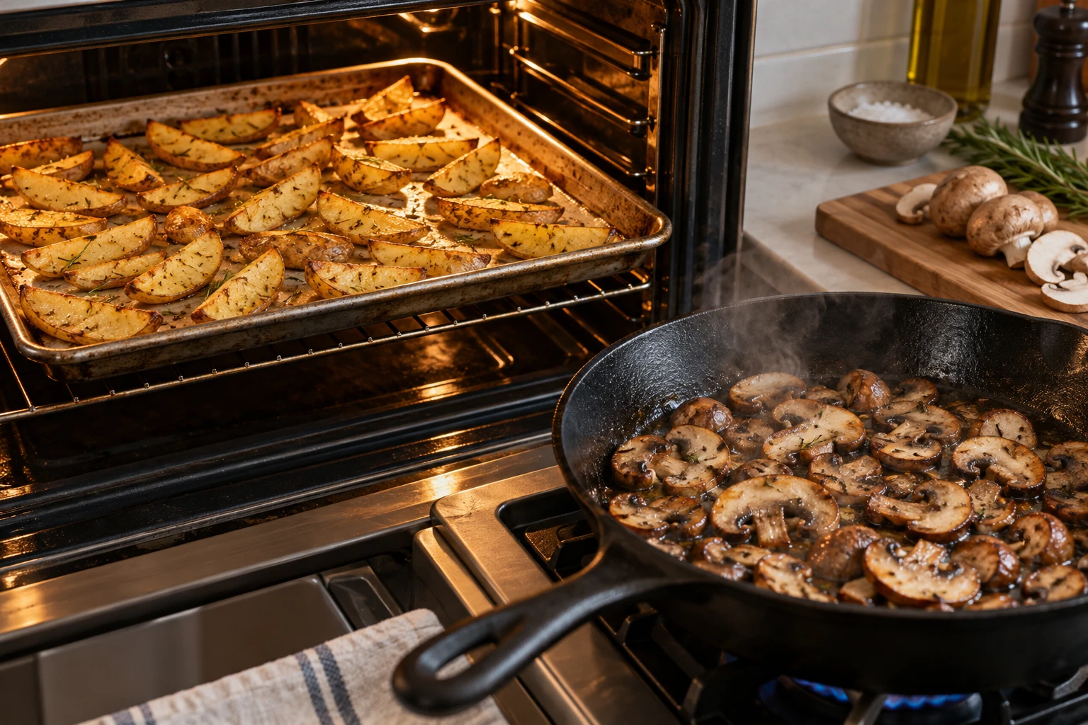 Potato wedges brown on a sheet pan beside cremini mushrooms sizzling in a skillet.