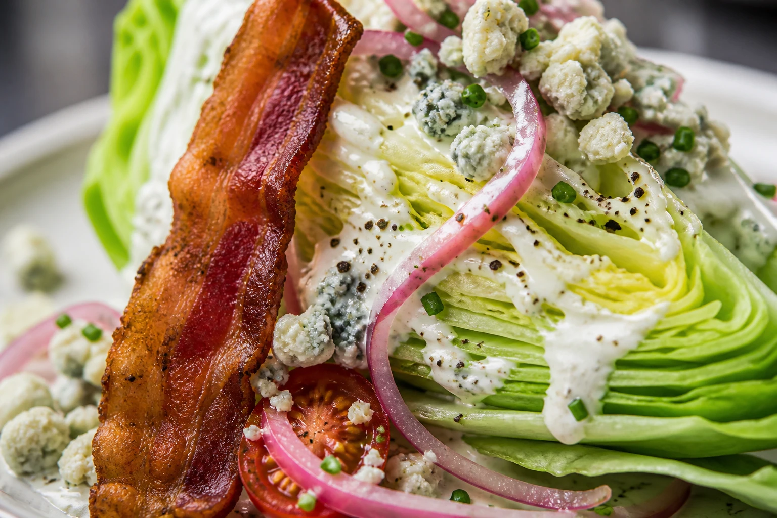 A close wedge salad bite shows crisp iceberg, blue cheese dressing, bacon, tomato, pickled onion, chives, and pepper.
